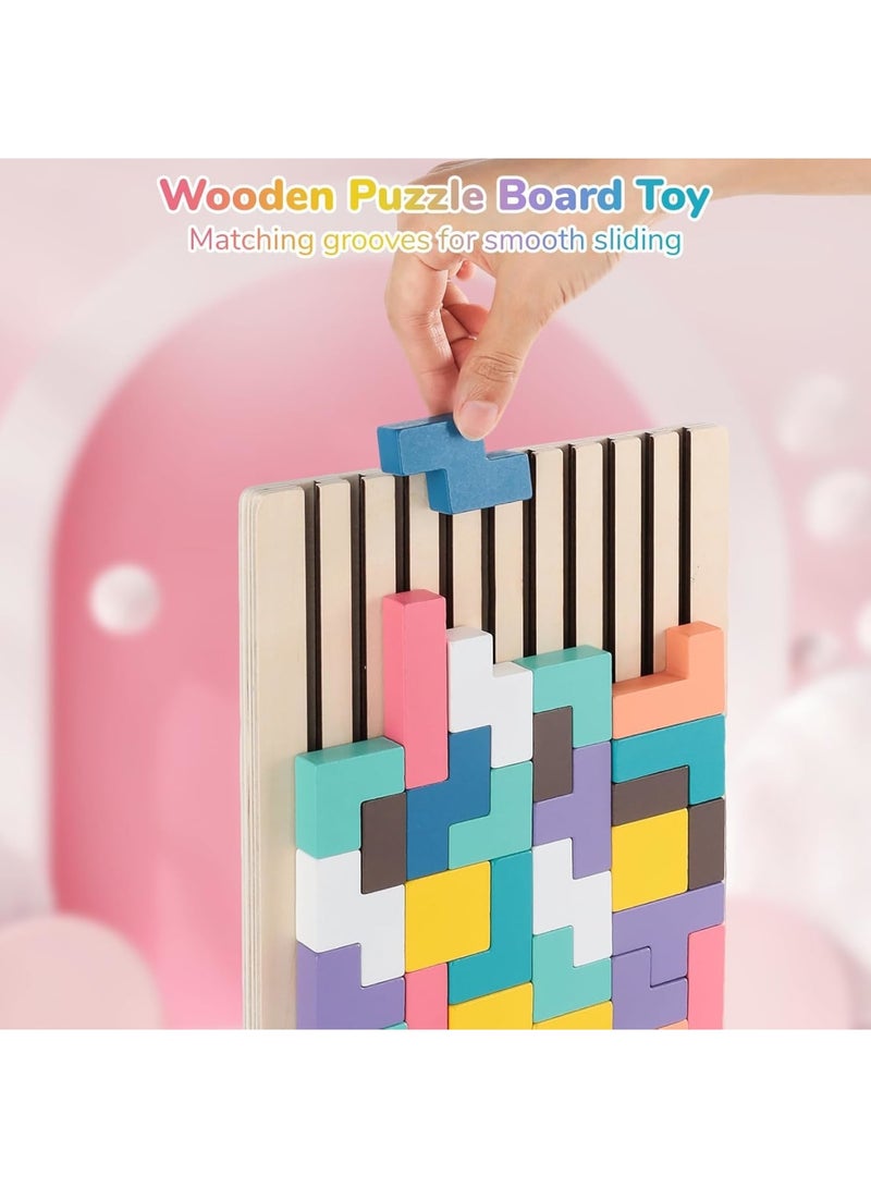 Wooden Tetris Puzzle Toy, 3 in 1 Colorful Stacking Game with Number Blocks and 3D Building Pieces, Educational Board Toy for Hand Eye Coordination and Logical Thinking, Kids and Adults - Image 3